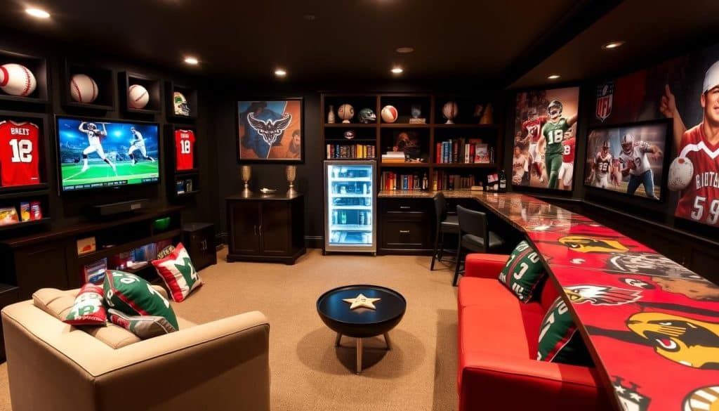 Sports-themed basement man cave